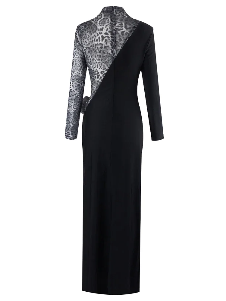 Sexy Lange Ärmel Leopard Patchwork Blume Langes Kleid Frauen Schwarz Ausschnitt Diamanten Dünne Kleider Abend Party Kleider