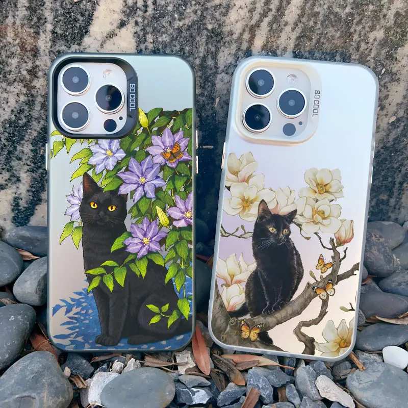 Adorável caixa de telefone com gatos pretos e flores, capa traseira a laser à prova de choque, iPhone 13 Mini 12 11 Pro Max 15 14 13 Pro Max 15 14 Plus