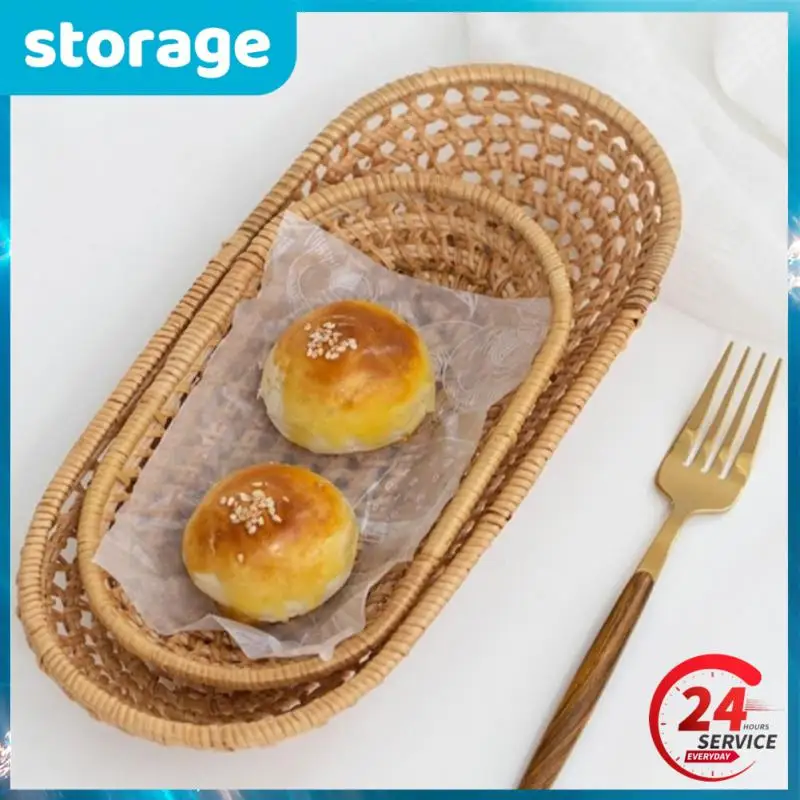 Rattan Oval Storage Basket Snack Fruit Food Serving Tray Bread Basket Knife Fork Chopsticks Display Plate Kitchen Decoration