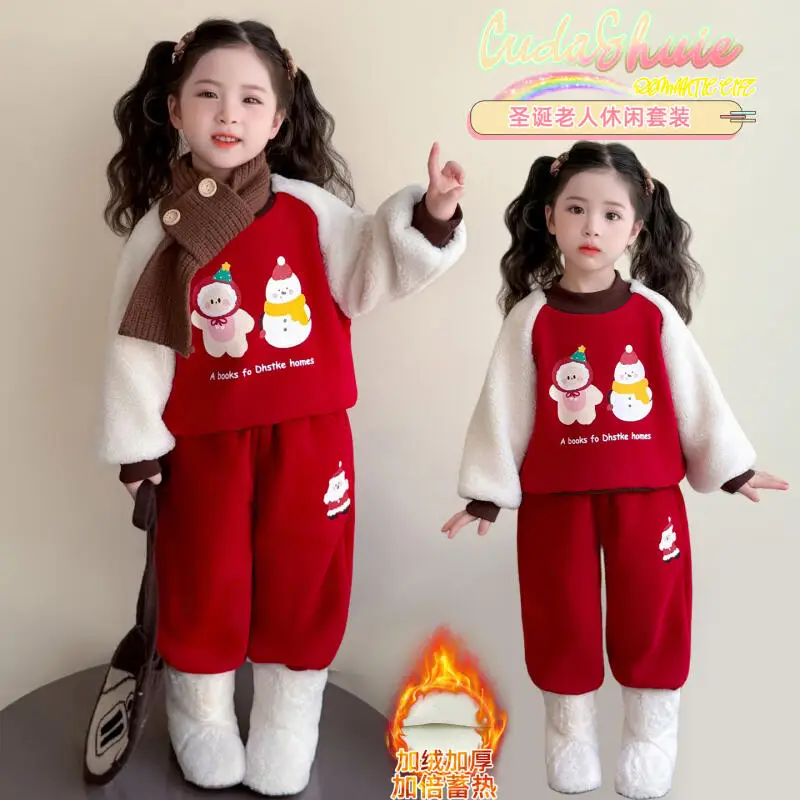 

Детская пижама, рождественский комплект для девочек, толстый теплый худи с мультяшным принтом, 2 предмета, осень-зима, милый аниме-стиль, модный повседневный спортивный комплект