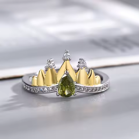 Princess Crown Ring, Jewelry For Women ,Trendy Wedding Party Accessories,Silver Plated ,Adjustable, Green Zircon , Ring Gifts