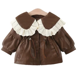 2024 Autumn Winter Outerwear Baby Girl Coats Korean Style Fashion PU Doll Collar Cute Newborn Warm Jacket Toddler Clothes BC853