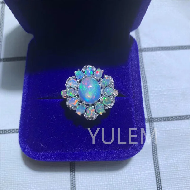 YULEM NEW Arrival Flower Design with 8x10mm Opal and 3x4mm Opal Beautiful Design for Girl Natural Opal Ring