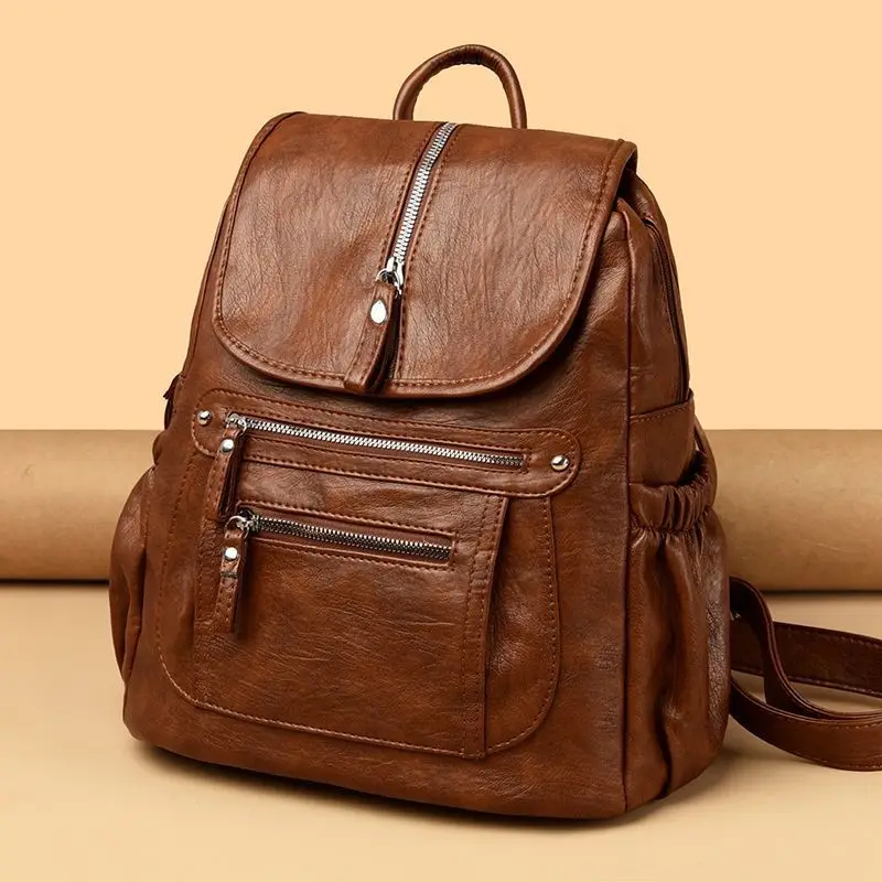 Retro Style Women's Backpack Large Capacity Casual Travel Leather Bag Multi-Zipper Fashionable Casual Daily Use Bag