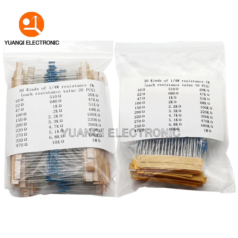 600pcs/set 300pcs/set 30 Kinds 1/4W Resistance 1% Metal Film Resistor Pack Assorted Kit 1K 2.2K 10K 100K 220 ohm 1M Resistors