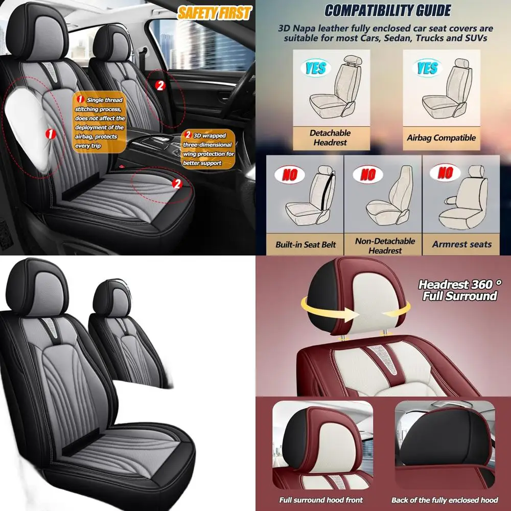 

Universal Fit Car Seat Covers, Nappa Leather, 3D Foam Back Support, Super Breathable, All-Season Cushion with Storage Bags, Blac