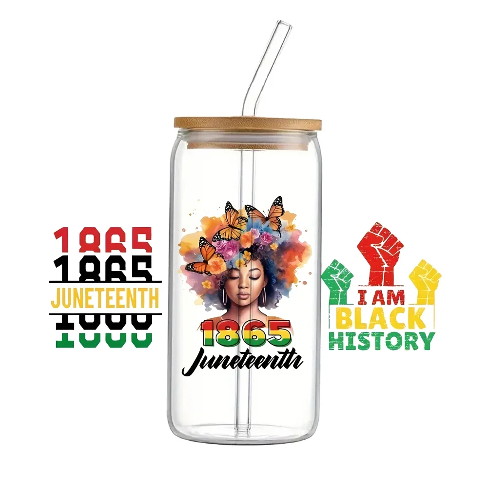 Juneteenth 3D UV DTF Wraps Transfer Sticker DIY For 16oz Libbey Glass Cup Waterproof Wrap Transfers Decals Coffee Cup