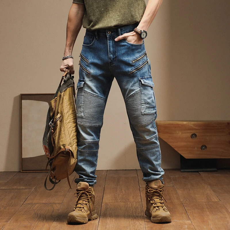 New American high-end trend slim personality multi-pocket splicing biker small leg pants retro men's jeans pants man