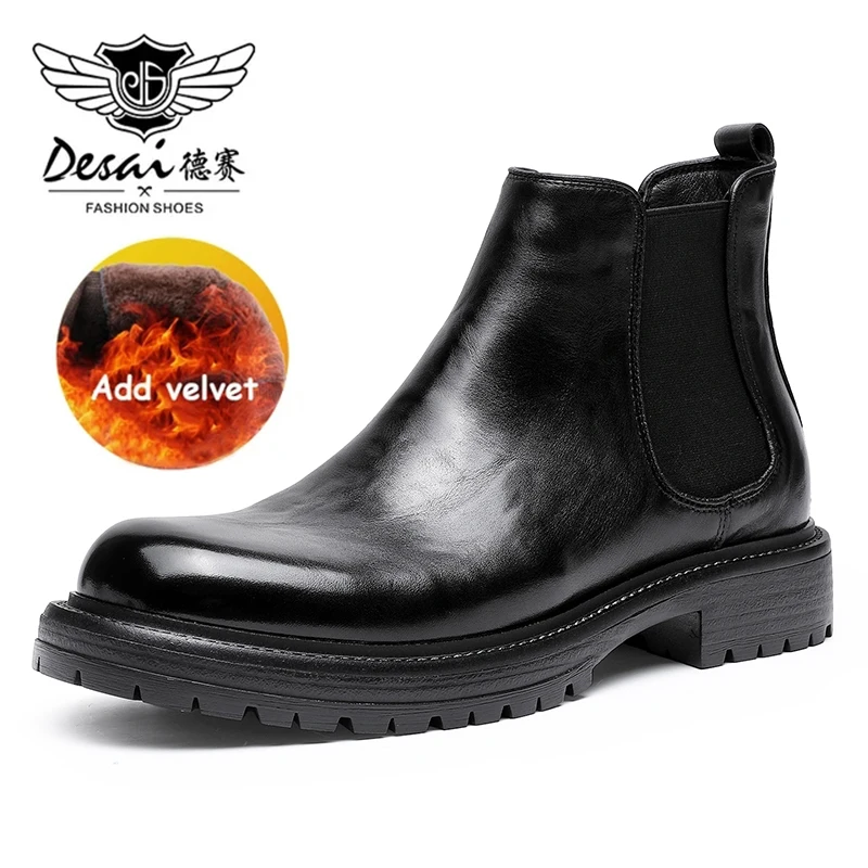 

Desai Add Fur Men's Chelsea Boots Warm Genuine Cow Leather Handmade Shoes For Formal Dress Wedding Business Soft Outsole 2024