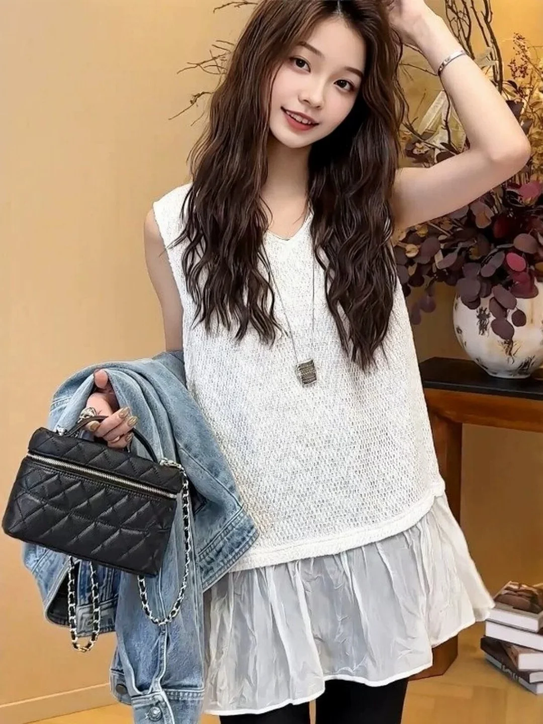 Korean Style V-Neck Lace Patchwork Sleeveless Vest Women's plus Size 300 Pounds Extra Large Casual Loose Outerwear Top