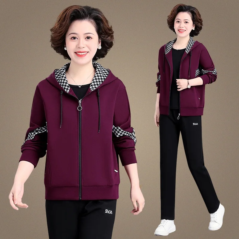 

Весенний повседневный спортивный костюм-двойка для женщин больших размеров, новый, для мам среднего возраста, из смеси полиэстера, хлопка и спандекса