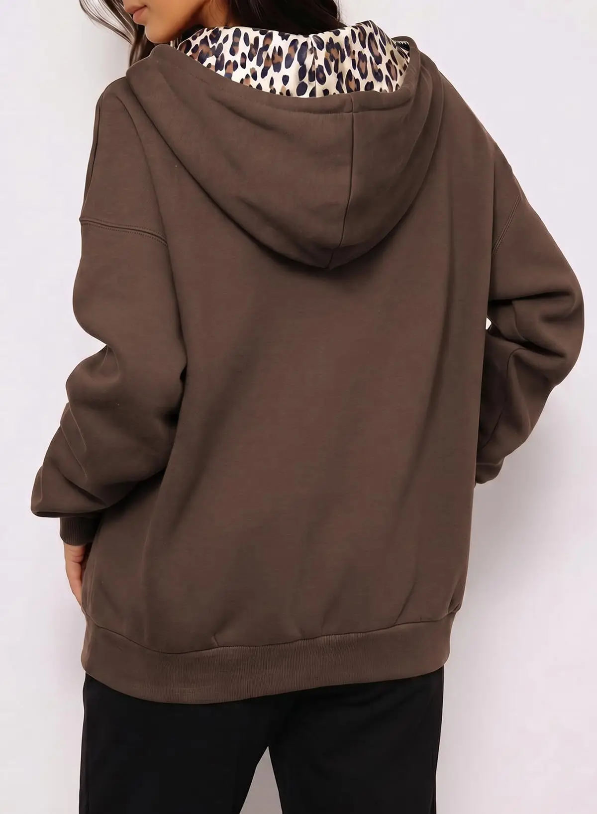 Women's Full Zip Hoodie with Leopard Hood Lining Oversized Long Sleeve Jacket Winter Warm Fleece Lined Sweatshirt Streetwear