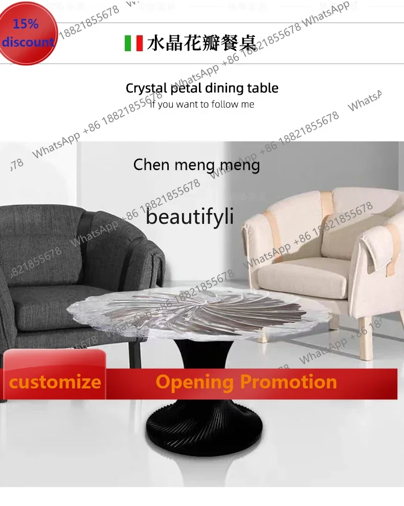 sscn8617 Crystal round Flowers Dining Table Light Luxury Transparent Resin Art Fiberglass round Table Tea Table