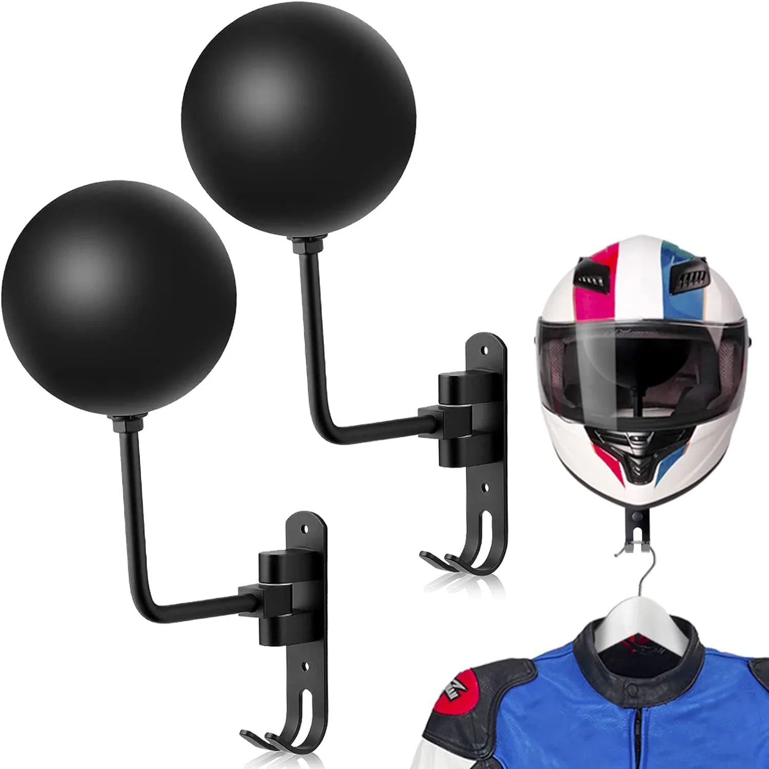 1/2Pc Wall Mounted Helmet Holder Stainless Steel 180° Rotation Motorcycle Rack with Double Hook Bike Helmet for Bicycle Helmets