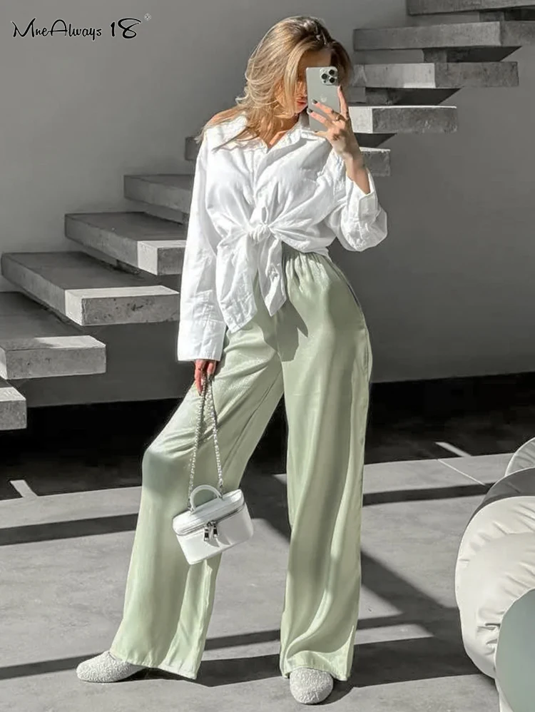 Mnealways18 Gauze Brightly Gray Wide Leg Pants Elegant High Waist Pleated Women Long Trousers Autumn Office Lady 2024 Solid Pant