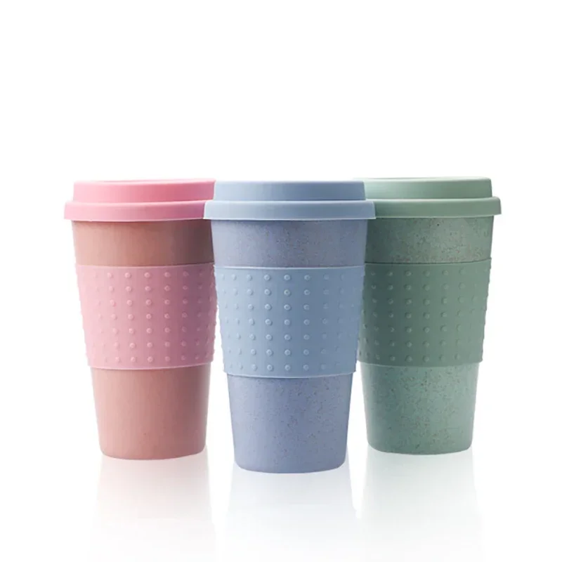 European Style Wheat Straw Fiber Water Cup Car Mounted Silicone Coffee Cup Plastic Personalized Mug with Lid for Car Cup Holder