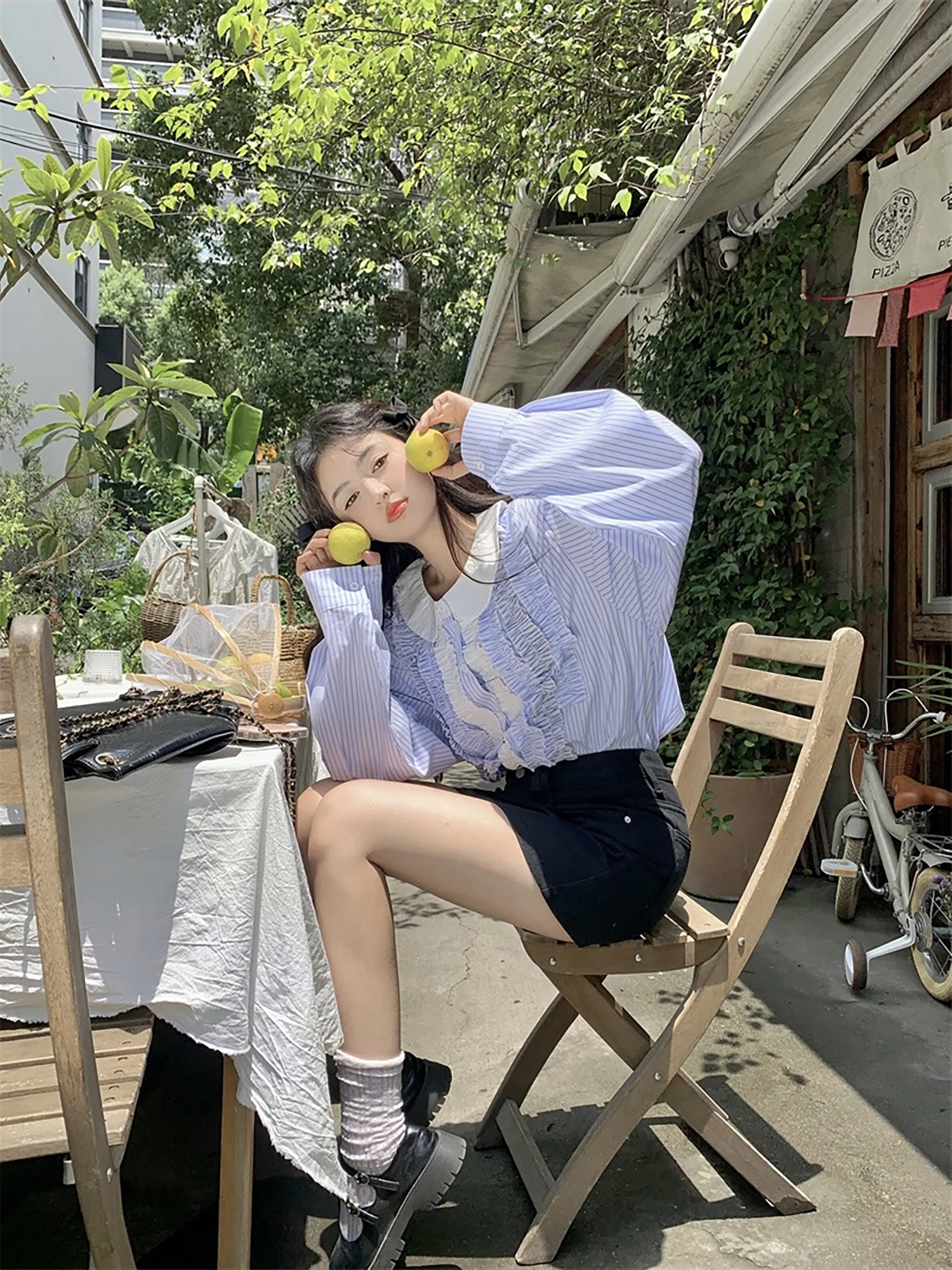 

Vanwenwen Korean Sle Striped irt Loose Blue Sweet Sle Spring Women's Top Breathable Comfortable Casual Faion