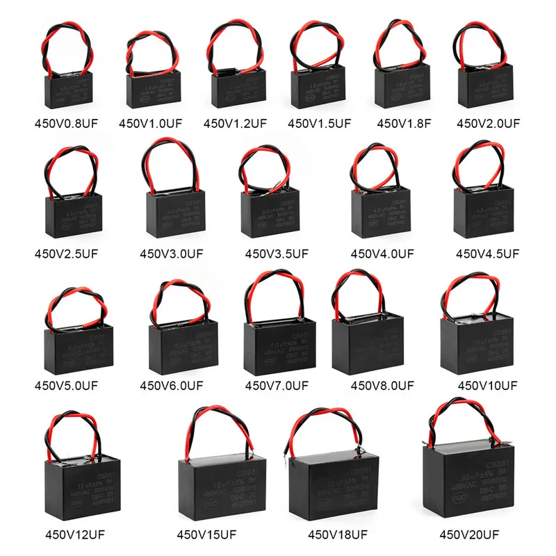 CBB61 Kapasitor Kipas 0.8 1 1.2 1.5 1.8 2 2.5 3 3.5 4 4.5 5 6 7 8 10 12 15 18 20UF Kapasitor Persegi Panjang Lari Motor Kipas Langit-langit