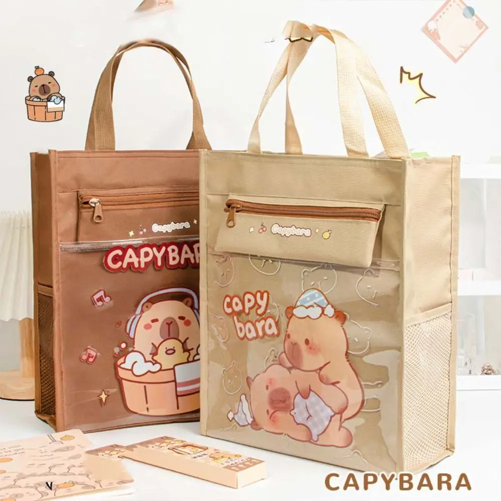 

Lightweight Capybara Handbags Large Capacity Reusable Canvas Tote Bags School Supplies Transparent Pocket