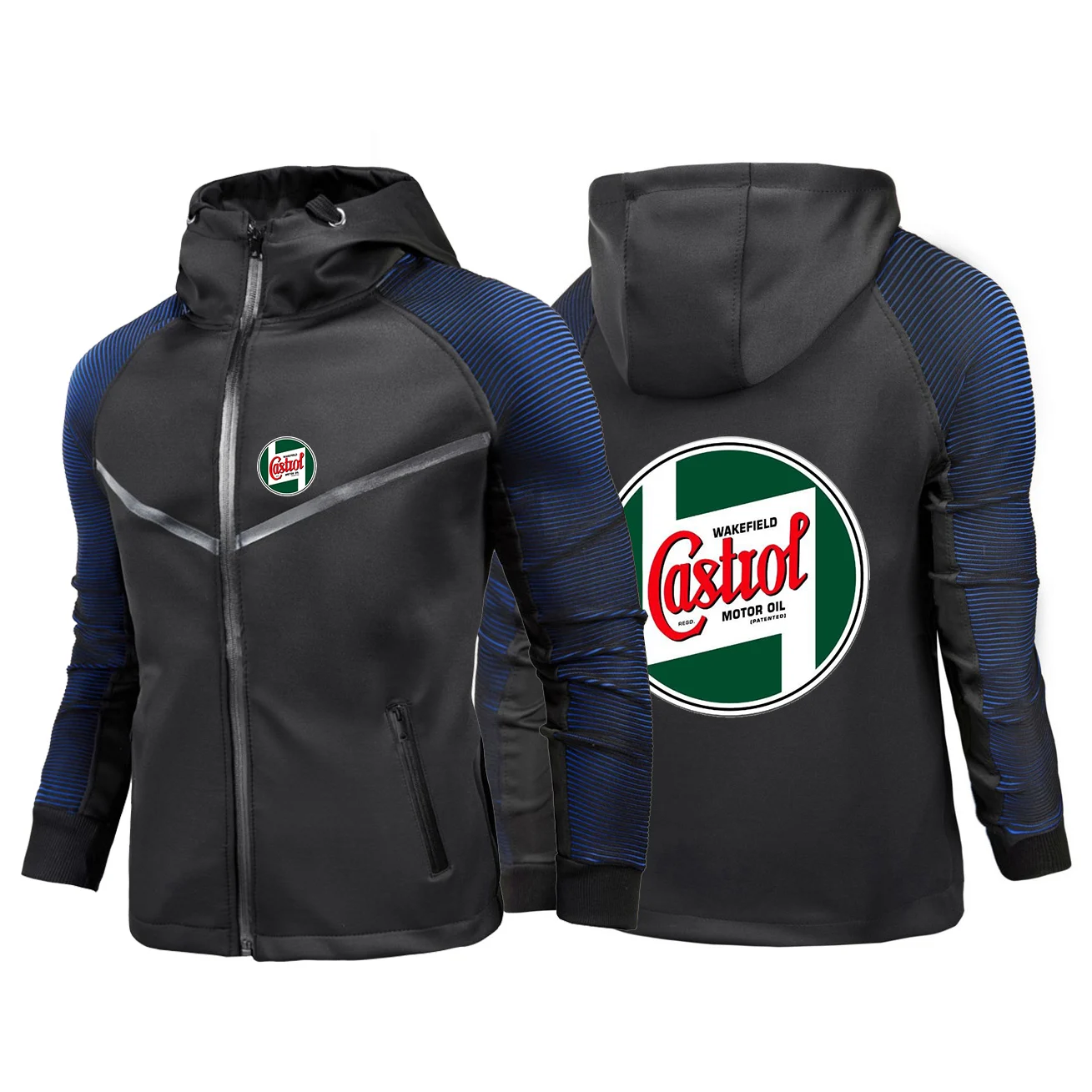 2024 Spring Autumn Men Castrol Vintage Sign Print Sport Slim Fit Windproof Quick Drying Gradient Color Hooded Zipper Racing Suit