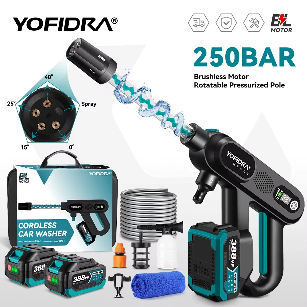 YOFIDRA 250Bar Brushless High Pressure Car Washer Gun 3 Gear Electric Garden Washing Water Wash Spray Gun for Makita 18V Battery