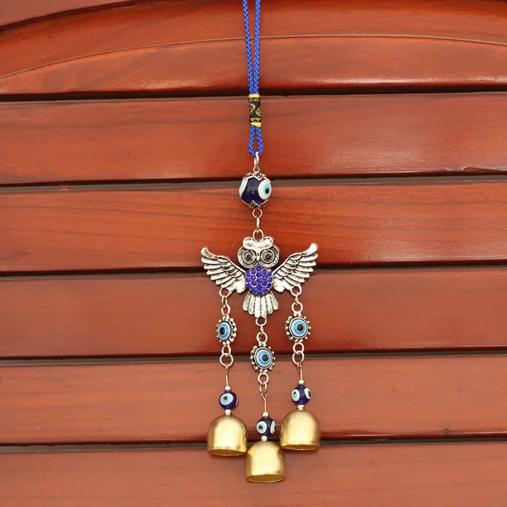 2Pcs Evil Eye Owl Wind Chime Car Pendant Blue Eye Hanging Ornament Rear View Mirror Car Interior Protective Charm