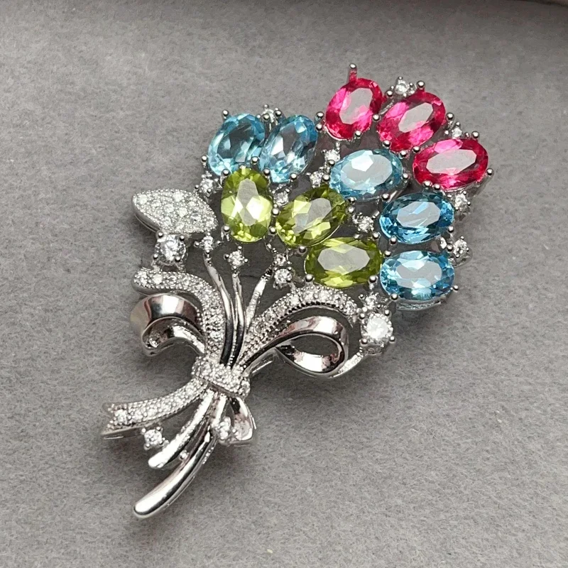 Classic 925 Silver Bouquet Brooch For Party 4mm * 6mm Total 5ct Natural Topaz and Peridot Brooch with Thick Gold Plating