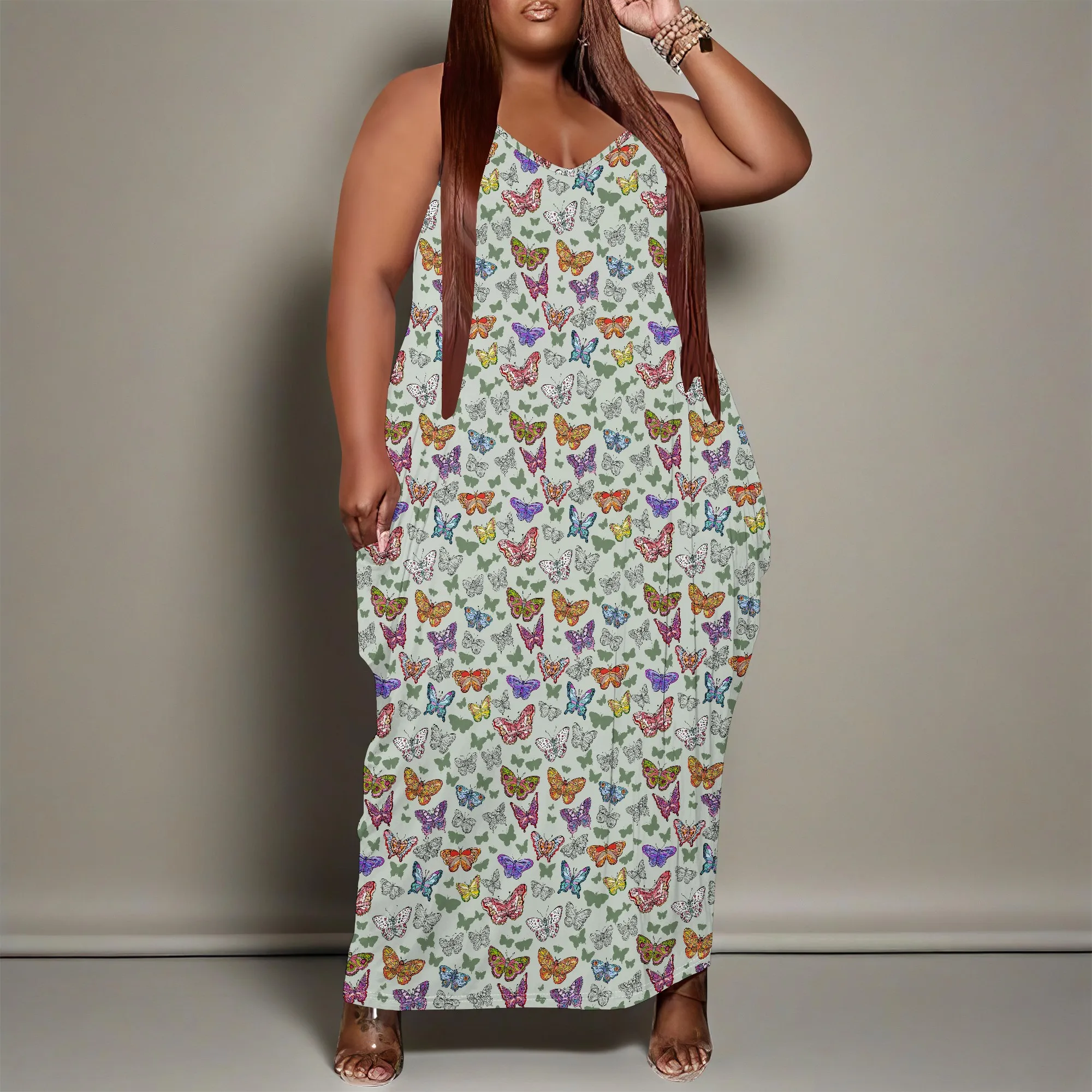 여성용 플러스 사이즈 드레스 포켓이 있는 루즈한 홀터 롱 드레스 통기성 소박한 나비 프린트 XL-6XL ​