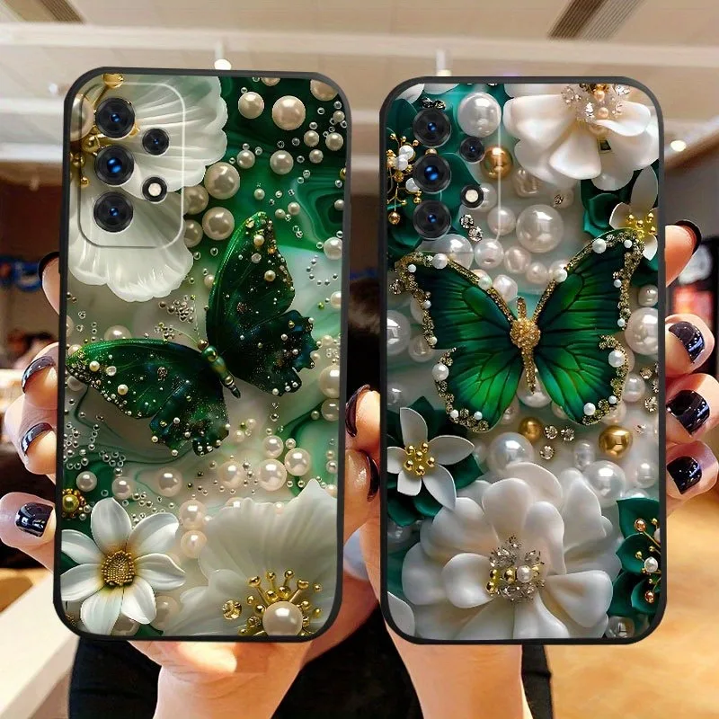 Luxury 3D Green Butterfly Tempered Glass Back Cover Phone Case for Samsung GalaxyS26 25 24 23 22 21Ultra Plus Durable Protective
