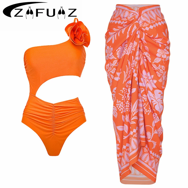 ZAFUAZ 2024 New Women's Swimsuit Single Shoulder 3D Floral Glossy Solid Color Hollow One-piece Swimwear Set Beach Bathing Suit