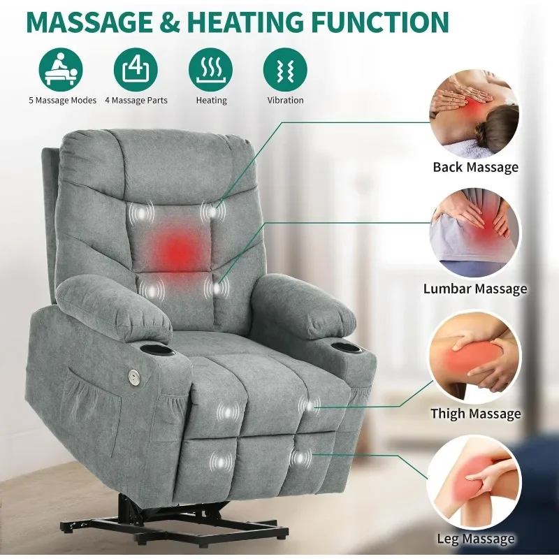 Silla reclinable de elevación eléctrica para ancianos, sillón reclinable de tela con masaje y calor, asiento espacioso, puertos USB