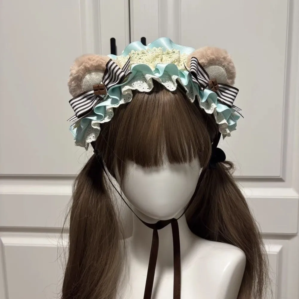 Adjustable Bear Ear Cookies Headband Lace Bow Lace-up Lolita Hair Hoop Polyester Material Lightweight KC Girl Hair Accessory