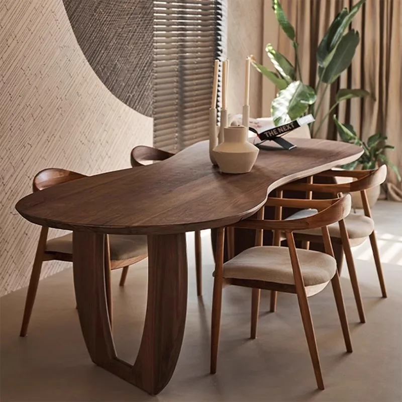 

Nordic Wabi Sabi Walnut Dining Table and Chair Irregular Household Solid Wood Oval Table Negotiation Conference Table
