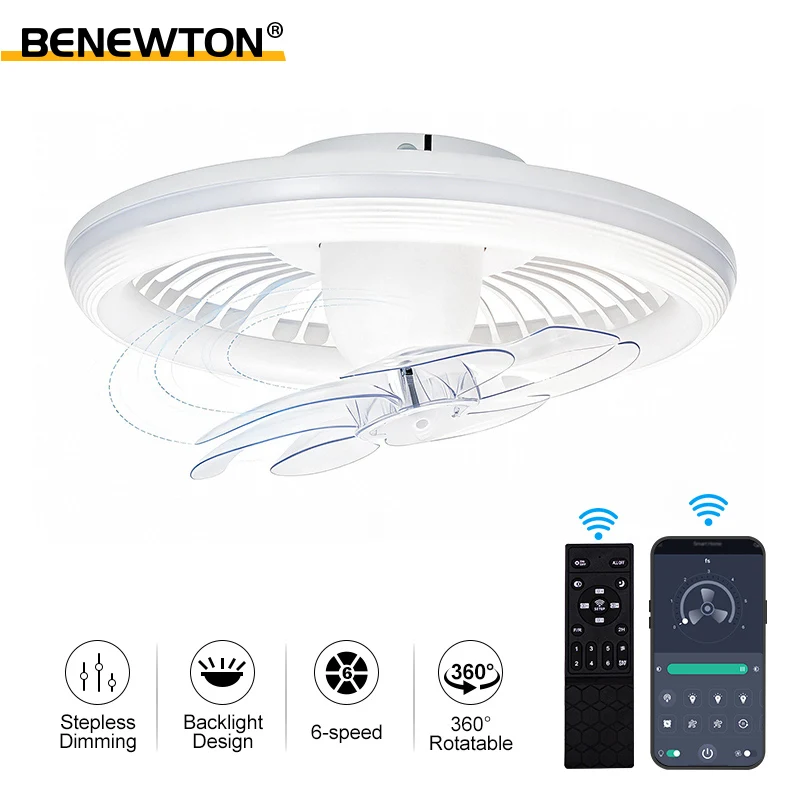 360 °   Drehbarer Deckenventilator mit Licht, Geräuscharm, 6 Geschwindigkeiten, Dimmbare Hintergrundbeleuchtung, APP-Fernbedienung, Moderne Elektrische Ventilatorlampe für Wohnzimmer
