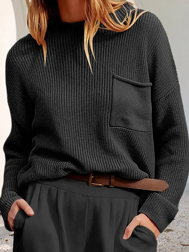 

2023 Women Pocket Long Sleeve Pullovers Autumn Winter O-Neck Straight Fashion Loungewear Ladies Sweaters Streetwear Dropshipping