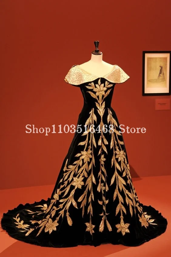 1874s History Victorian Party Prom Gowns Elegant Black Strapless Gold Applique A-Line Long Dress Sweet Train Museum فساتين للمنا