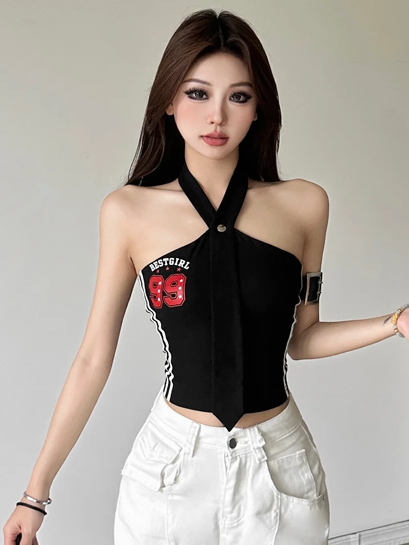 Doce legal menina listra carta impressão pendurado ne colete feminino picante versátil fino ajuste cinta weide puss ort sle verão 2024