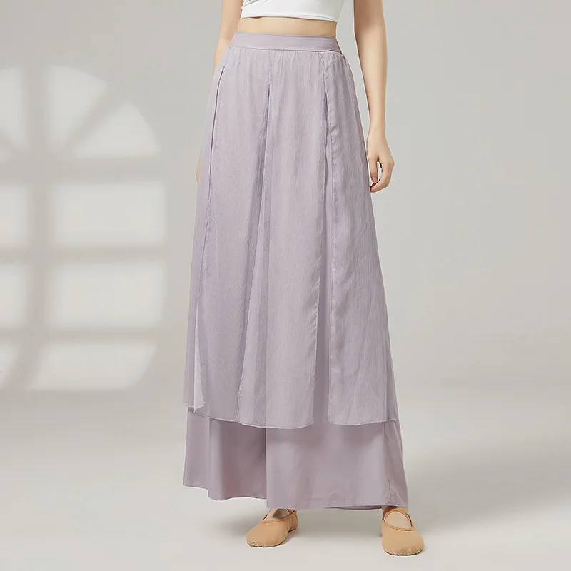 여성용 클래식 댄스 바지 우아한 성인용 더블 레이어 쉬폰 모던 댄스 바지 중국 민속 무용 바지 발레 의상