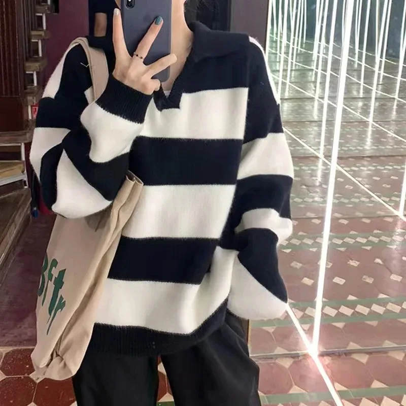 

2022 New Autumn and Winter Sweater Women Korean Version of The Lapel Hit Color Wild Slim Striped Knit Bottoming Pullover Sweater