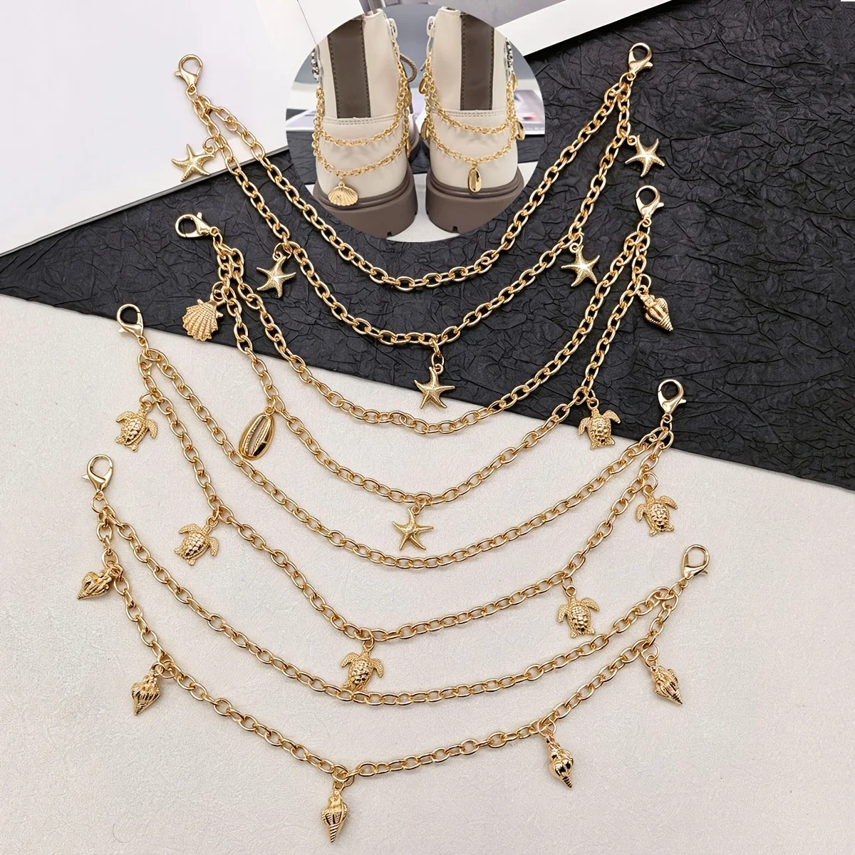 2PCS Ocean Theme Bling Golden Double Layer Shoe Decorative Chains Boot Charms Shoelace Clip DIY Pendant Shoe Buckles Accessories