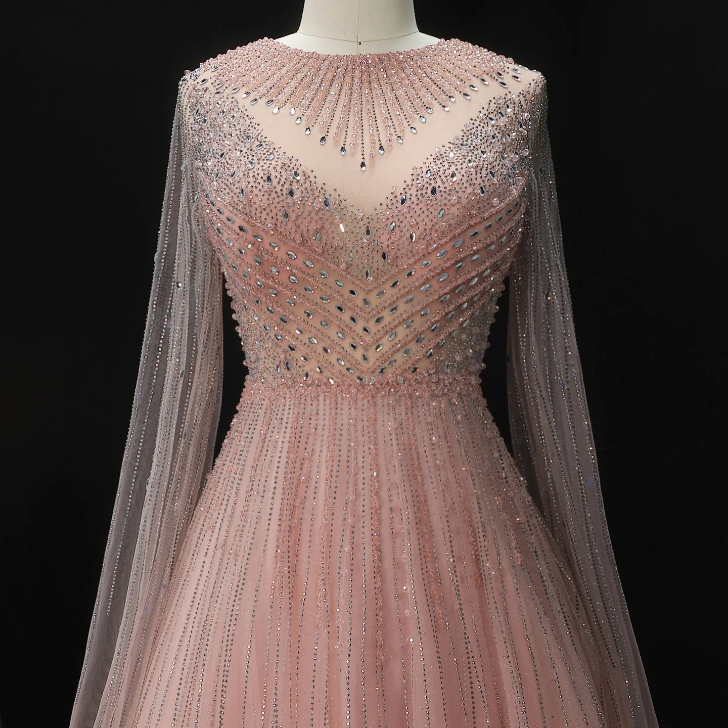 Sharon Said Luxuriöse Dubai Perlen-Kristall-Tüll-Abendkleider Elegante Cape-Ärmel Formelle Ballkleider SS054 Maßanfertigung – Detail 13