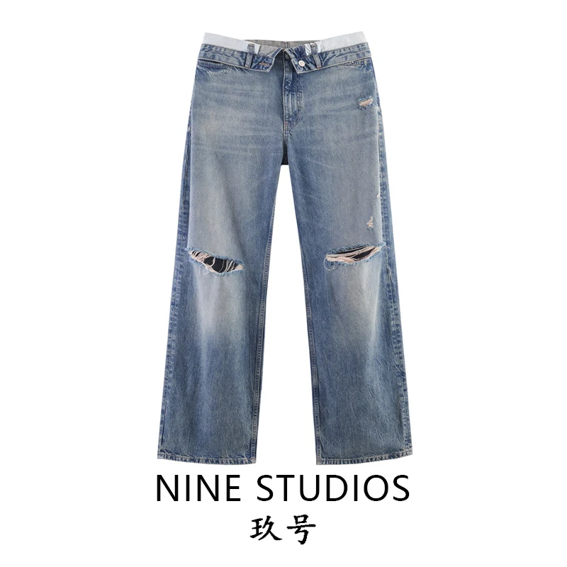 

Retro Aged Loose Casual High Waist Cuffed Hole Denim Jeans for Women Straight Leg No Stretch Cotton Button Fly Spring Season