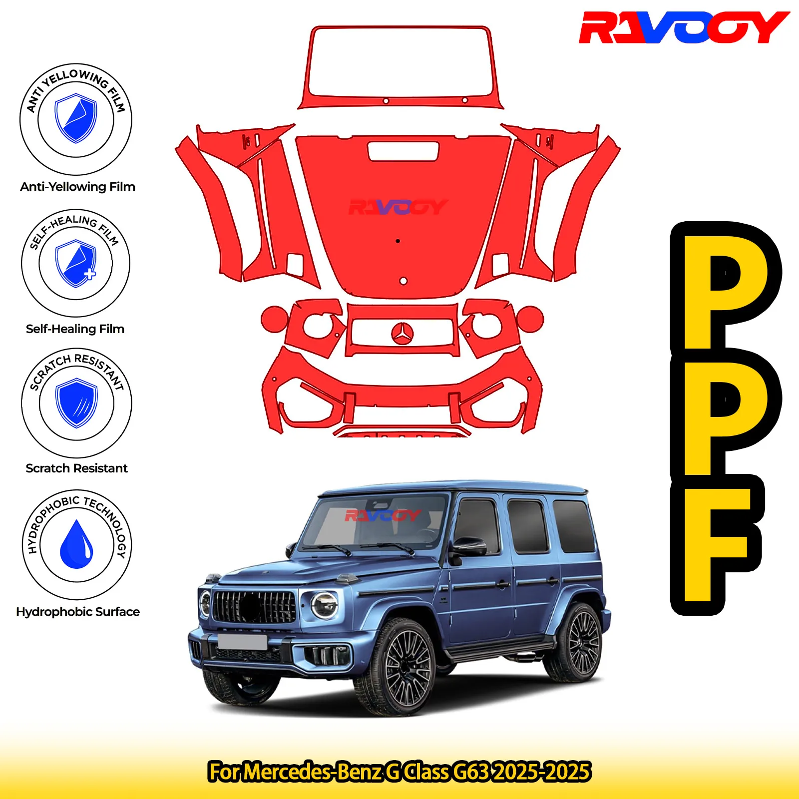 

Для Mercedes-Benz G Class G63 2025-2025 глянцевая матовая черная предварительно вырезанная передняя защитная пленка PPF Kit