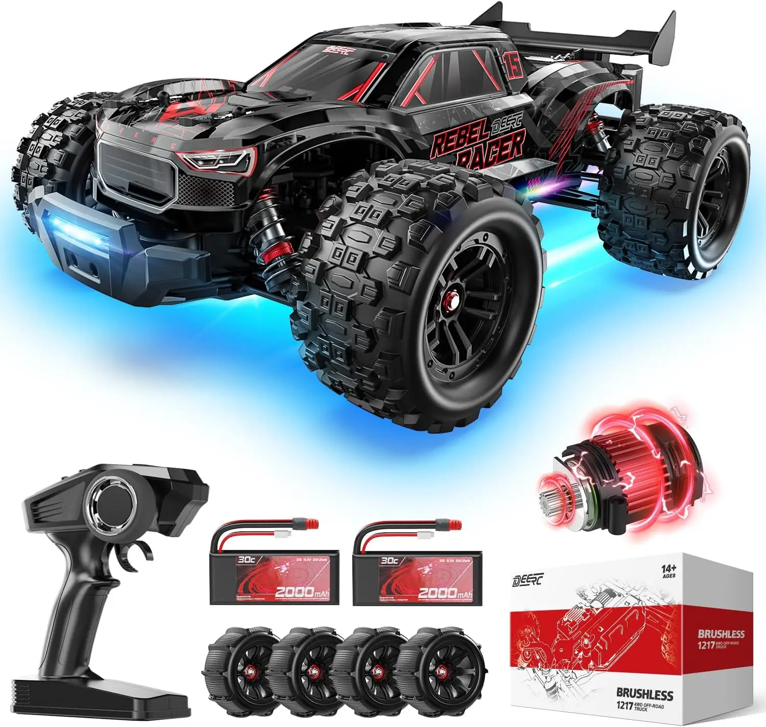 Brushless RC Cars for Adults,Max 46+ mph Off-Road RC Truck, 2*3S Lipo 4WD RC Trucks Waterproof, 7 Lighting Modes High Speed Remo