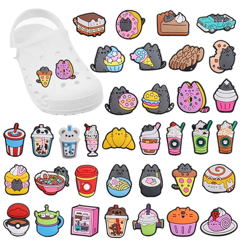 Breloques en PVC pour chaussures et boissons pour enfants, ornements de pantoufle à trous, chat, lait, thé, café, gâteau, pizza, cadeau de fête, 1PC