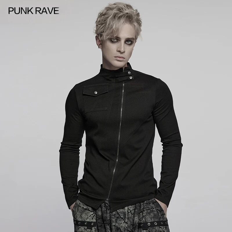 

PUNK RAVE Men's Dark Punk Stand Up Collar Slant Openning Denim T-shirt Personalized 3D Pleating Structure Long Sleeve Tops