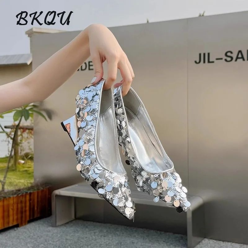 

BKQU Silver Sequin Shoes 2024 Summer New Shallow Wedge Daily Niche Design Sense High Single Shoes Opposite Sex Heel