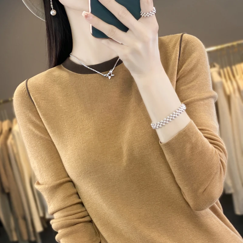 Women's Pullover Spring/Autumn New Wool Sweater Casual Splicing Knitwear Ladies' Clothes Round Neck Blouse Fit Tops