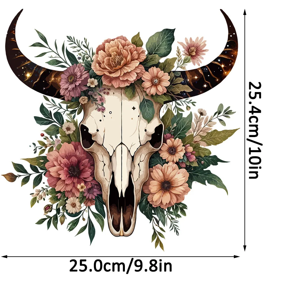 Trendy Boho Floral Bull Skull Western Iron-On Heat Transfer Stickers Decals for T-shirts Sweatshirts Bag Clothing Fabric Decor