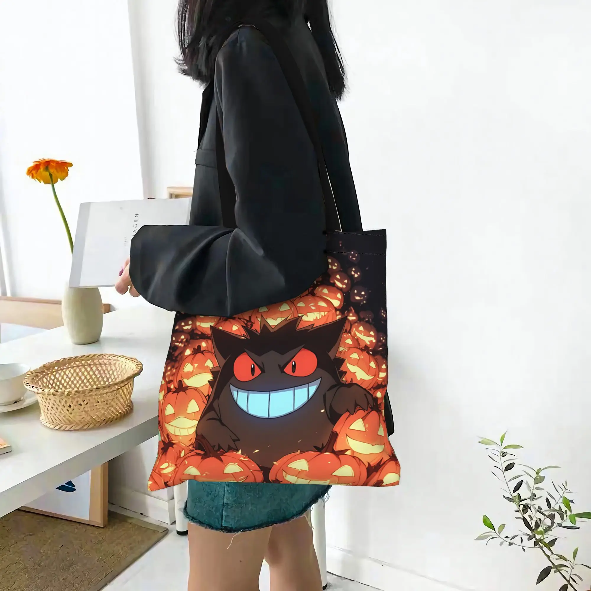 Customized Pokemon Gengar Pumpkin Halloween Women's Bag Shopping Bag Reusable Double Sided Canvas Tote Bag Shoulder  Handbag